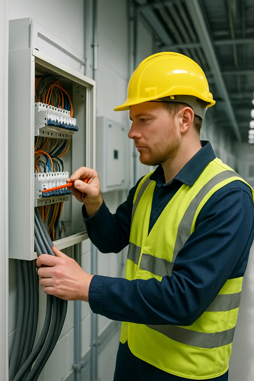 Reliable local electrician performing high-quality electrical services in a clean and modern UK industrial facility.