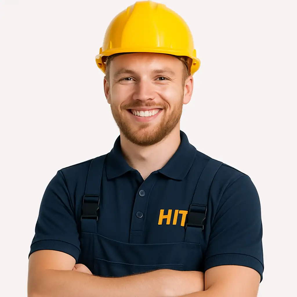 A professional local electrician wearing a light uniform, smiling at the camera. Ideal for trust-building and branding in electrical service websites.