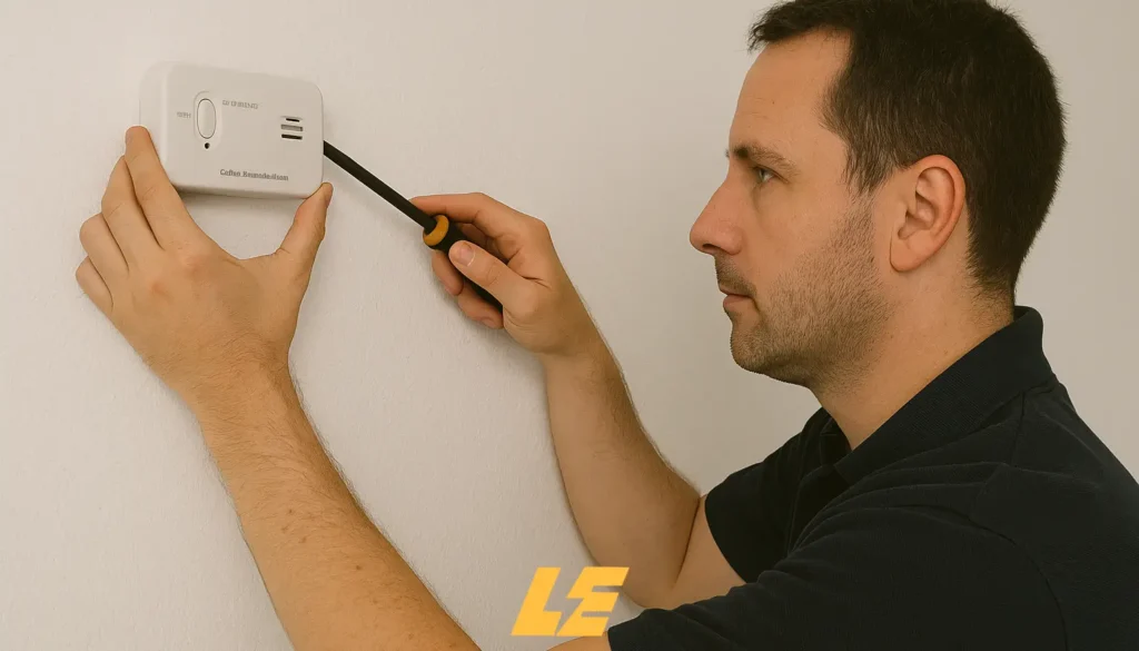 Certified electrician installing carbon monoxide detector in a London flat