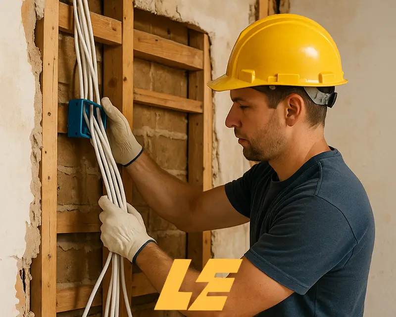 Partial rewiring in progress during a kitchen renovation in a London home