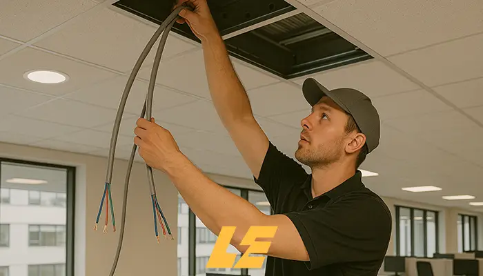 Office fit-out wiring installation in progress in London workspace