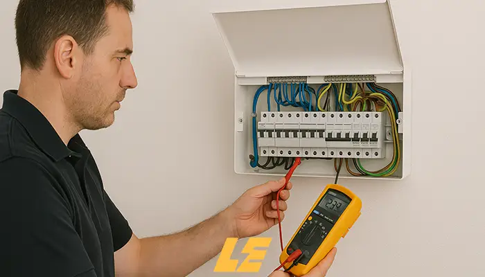 Certified electrician performing electrical fault finding in a London home