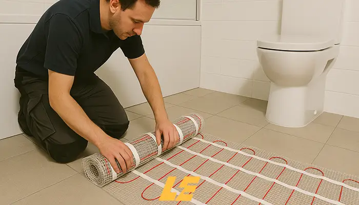 Underfloor heating mat being installed in a London bathroom