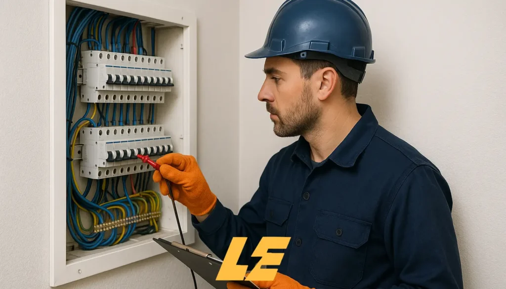 Electrician conducting a routine inspection of a distribution board using a multimeter.