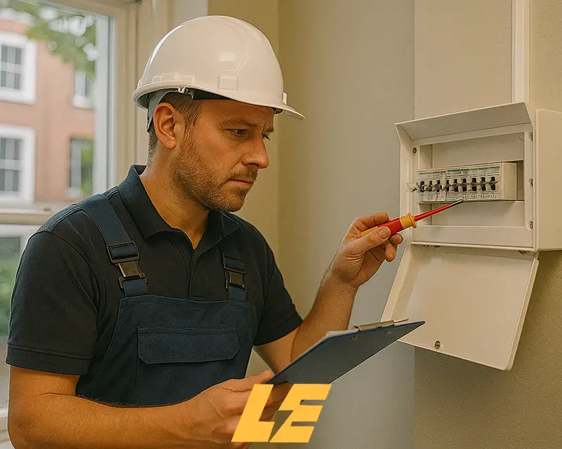 Licensed electrician checking fuse box in a London flat