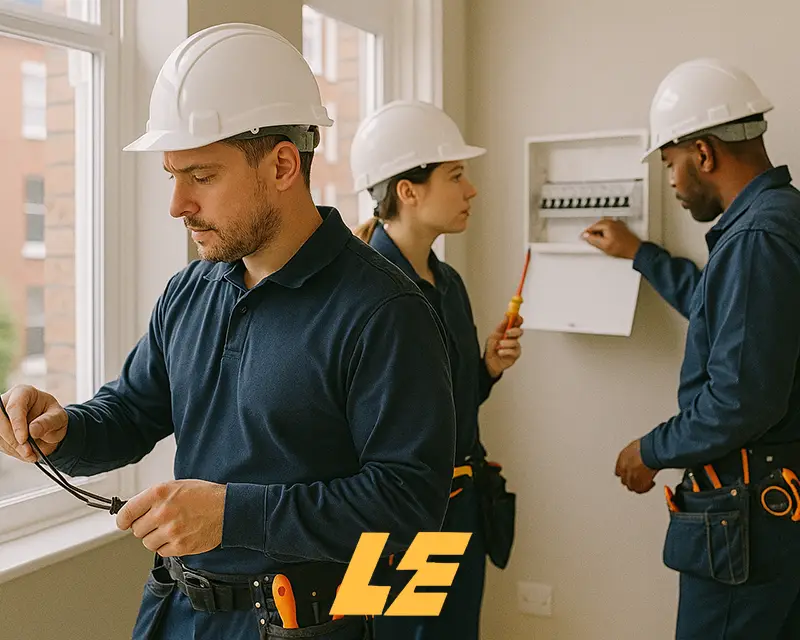 Two electricians working together in a London residential kitchen