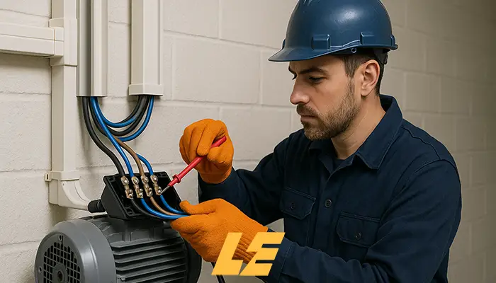 Electrician wiring a 3-phase industrial motor using trunking system.