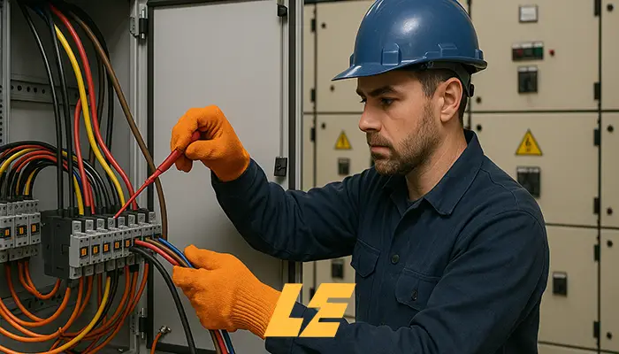 Electrician wiring an MCC switchboard inside an industrial control room.