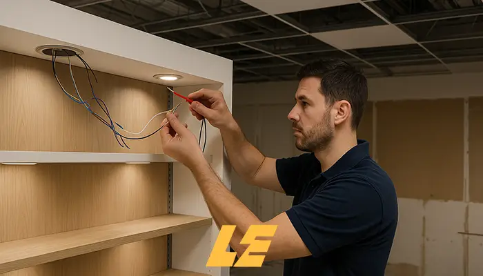 Retail lighting wiring during shop refurbishment in Camden