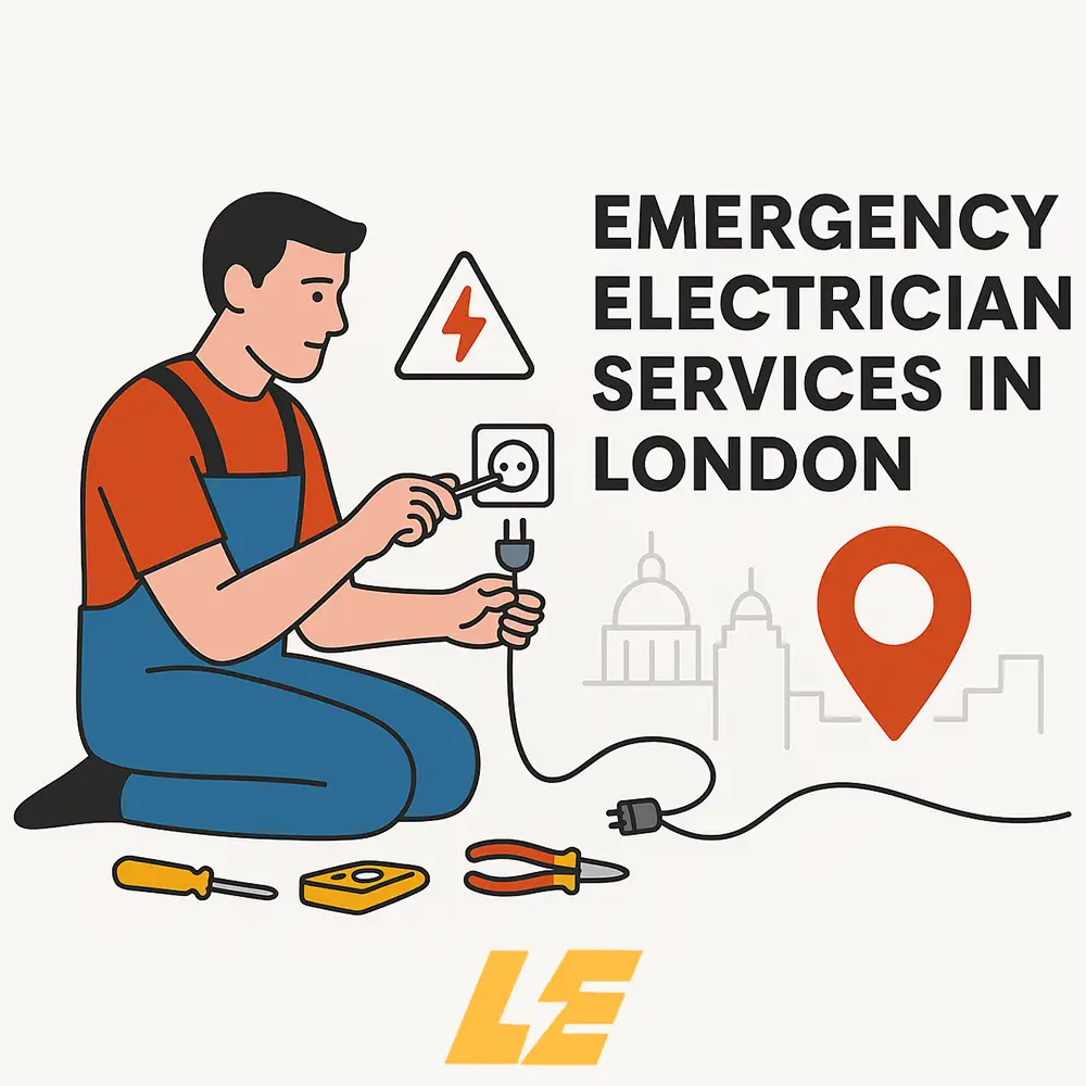 Flat-style digital illustration of a male electrician repairing a power socket in London with emergency warning and location icon