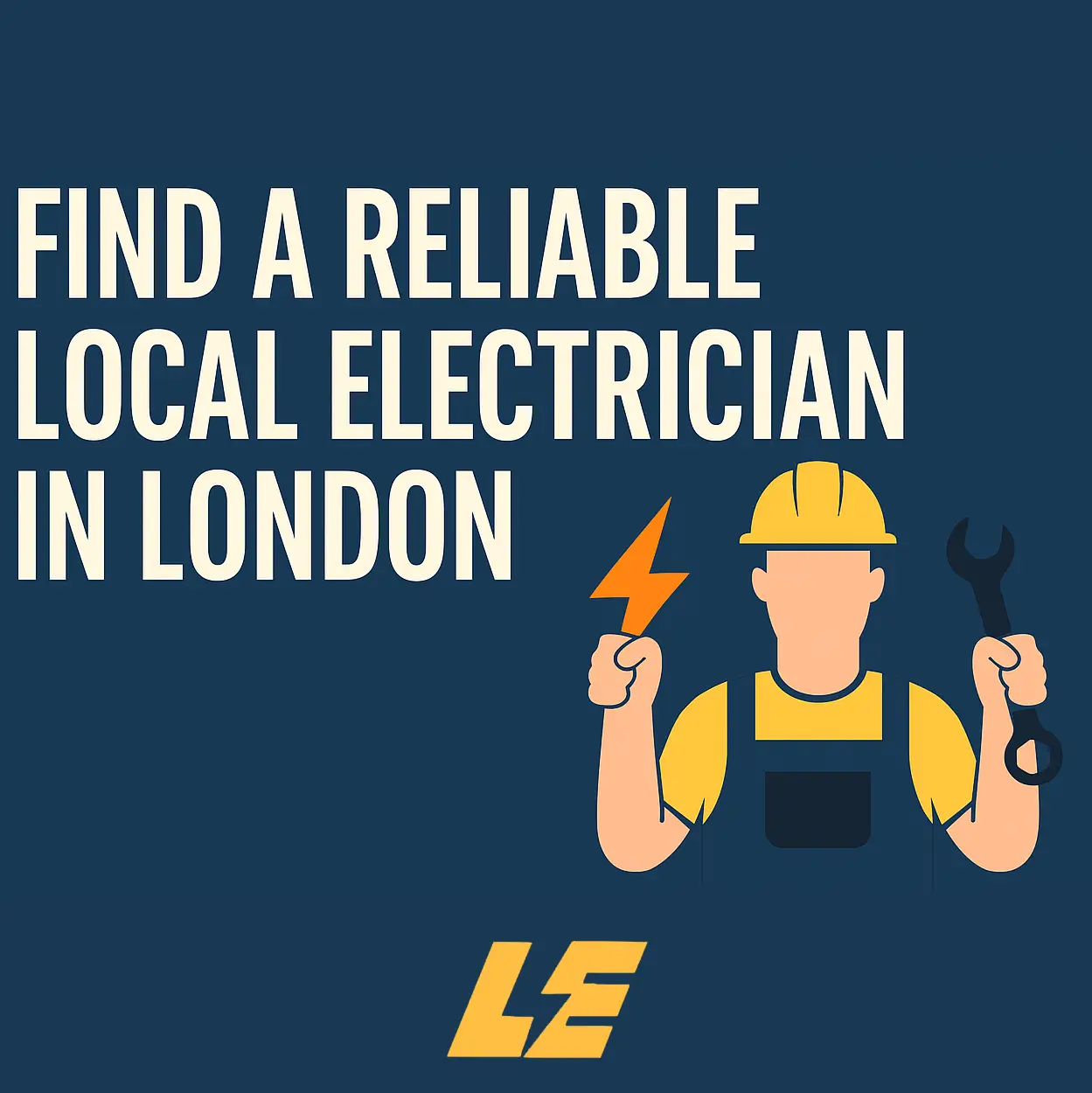 Flat digital illustration promoting finding a reliable local electrician in London with bold text and electrician figure holding a bolt and wrench