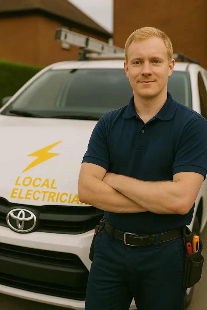Smiling certified electrician standing next to branded service van – Local Electrician London team photo