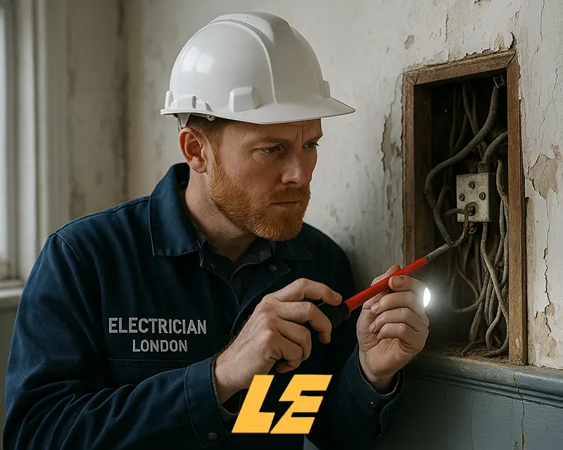 Electrician inspecting outdated electrical wiring in a London home