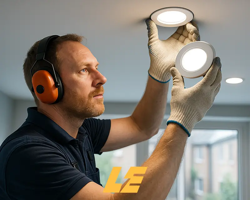 Local electrician wiring LED ceiling lights in a modern London home
