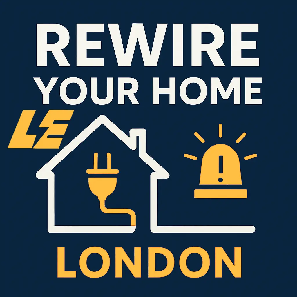Rewire your home in London promotional image with electrical and warning symbols
