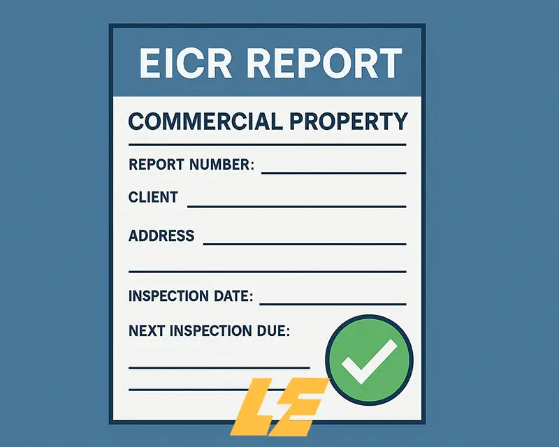 An electrician reviewing an EICR report in a UK office building