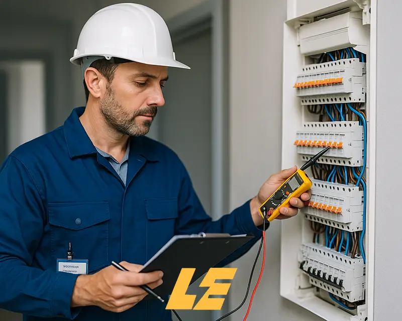 Certified electrician inspecting fuse box in London home
