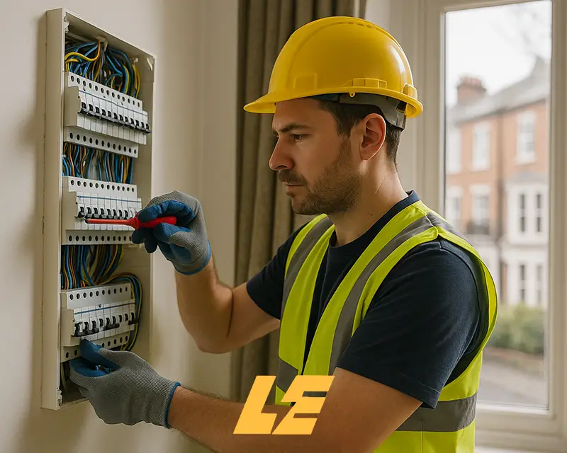 Electrician repairing wiring in a London flat